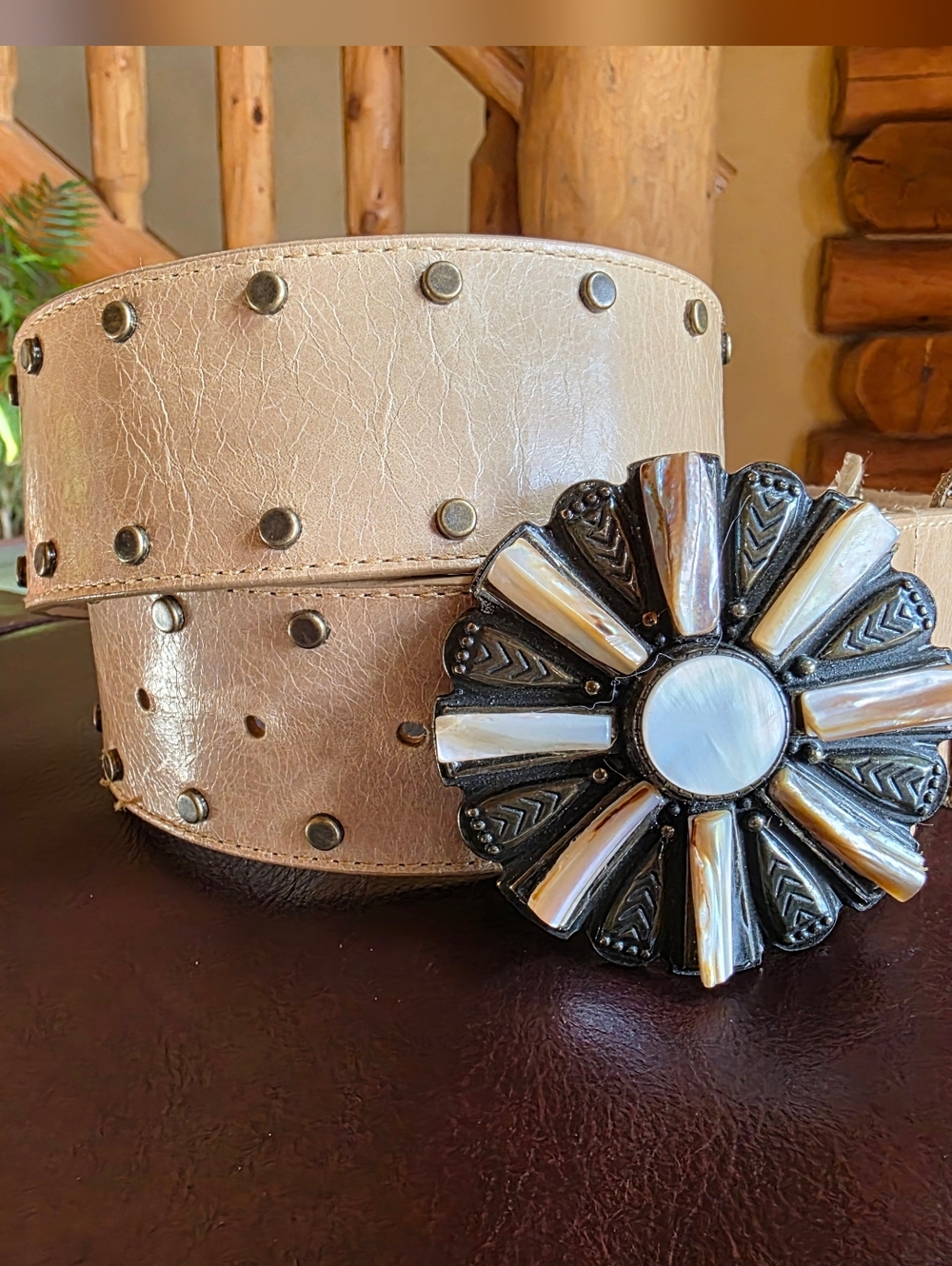 Another Line Sputhwestern Cream Leather Belt with Decorative Floral Buckle Large